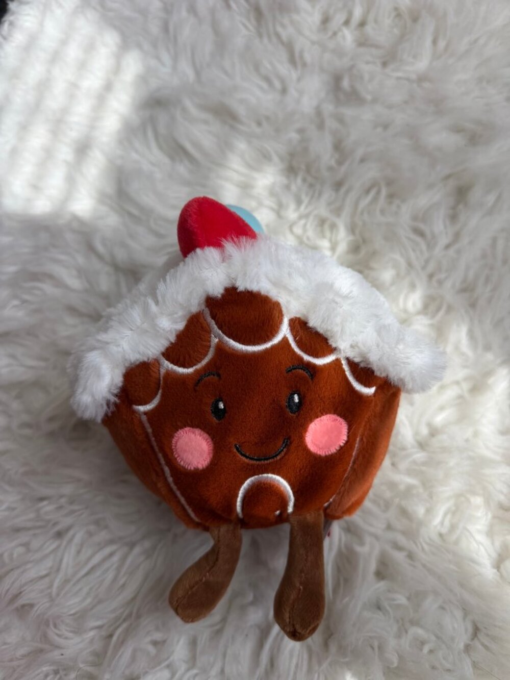 Gingerbread House Christmas Plush with White Fur Roof, New with Tags